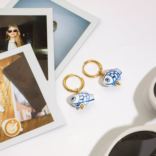 Blue Koi Charm Hoops