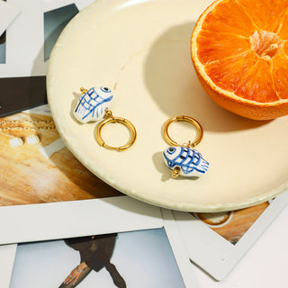 Blue Koi Charm Hoops